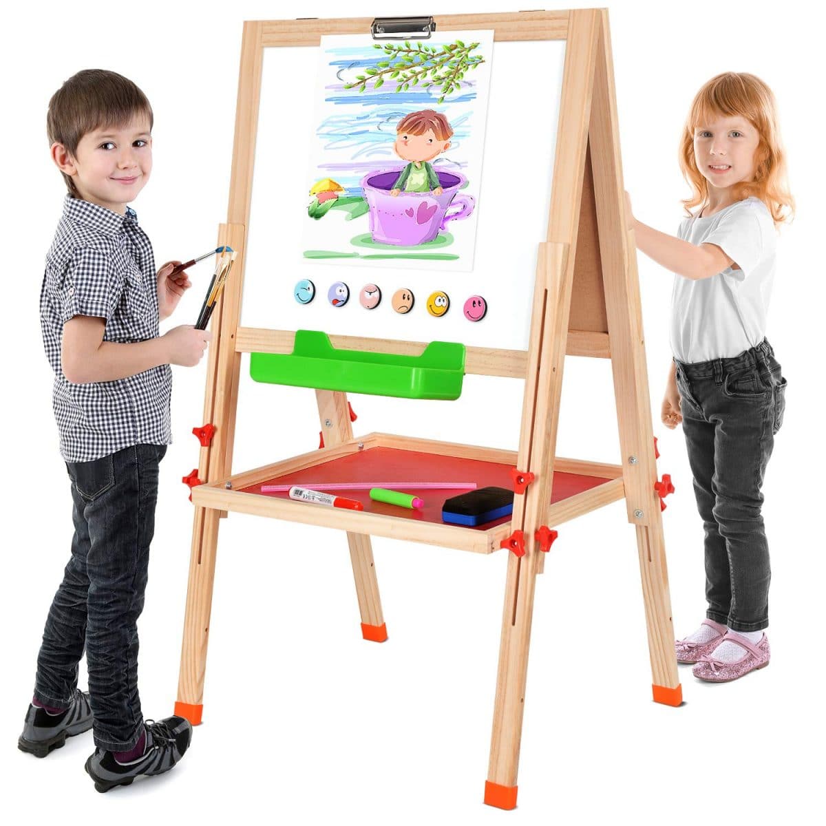 Art Supply Flip-Over Childrens Double-Sided Paint and Drawing Art Easel Board with Chalkboard 3 Storage Bins Dry Erase Board Paper Roll Chalk U.S Kids Toddlers Write Have Fun 5 No-Spill Cups