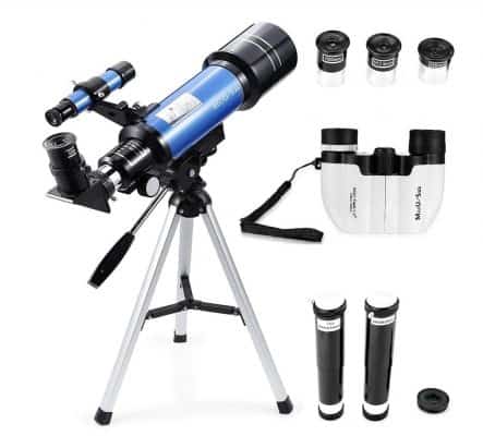 MaxUSee 70mm Refractor Telescope + 8X21 Compact HD Binoculars for Kids