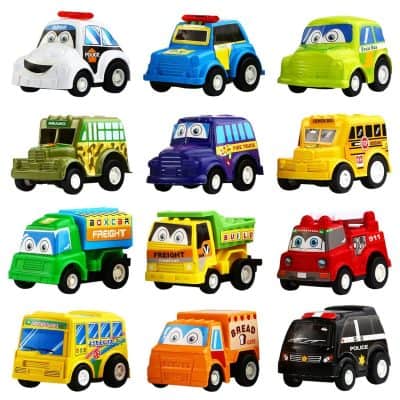 Funcorn Toys Pull Back Car - 12 Pack Assorted Mini Plastic Vehicle Set