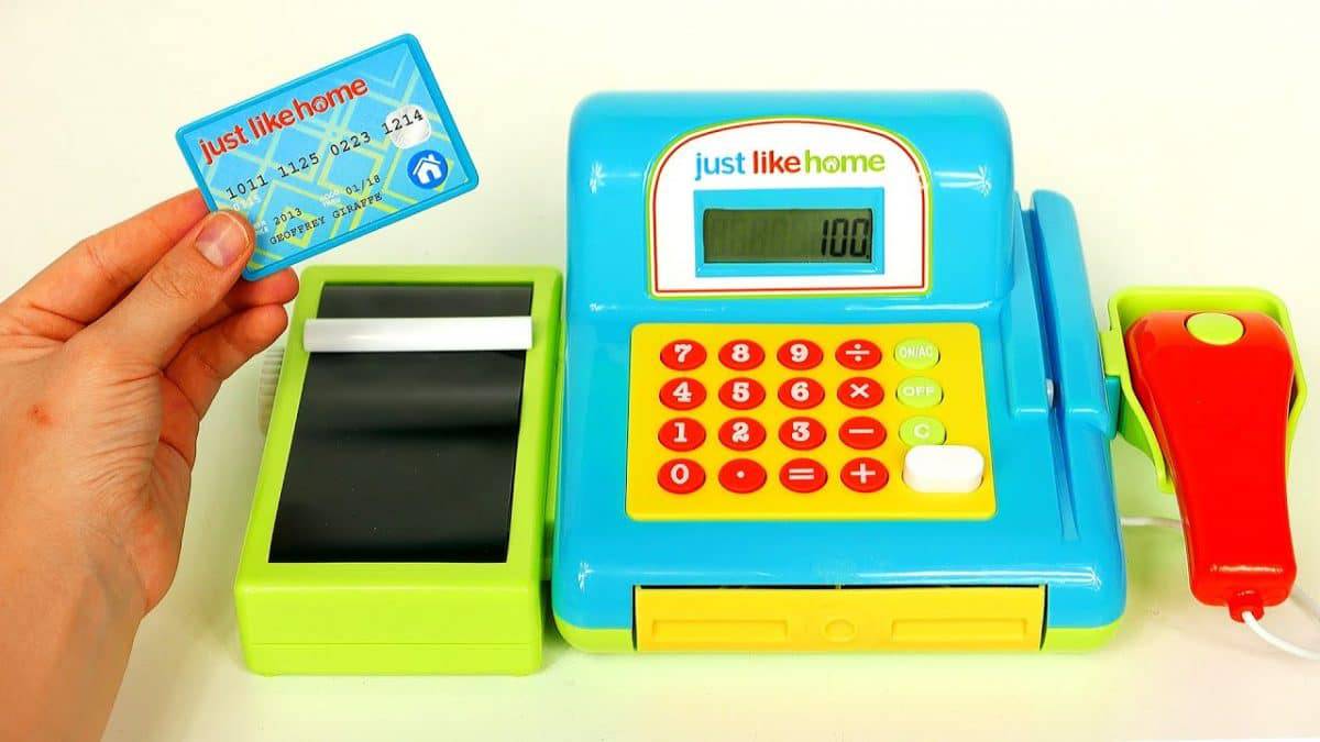 deluxe toy cash register with conveyor belt & scanner