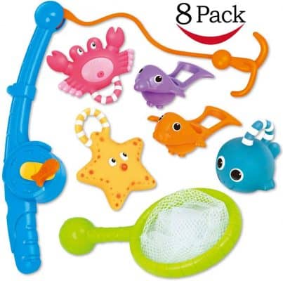 Fish, Blue Ocean Fish Family with Fishing Net Bathtub Toy Bathing Shower Toy for Babies Infants Baby Bath Toys for Toddlers Boys Girls