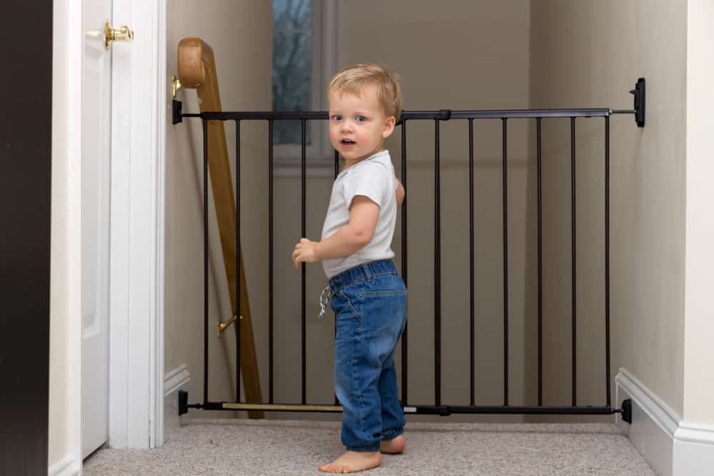  A toddler standing near a safety gate