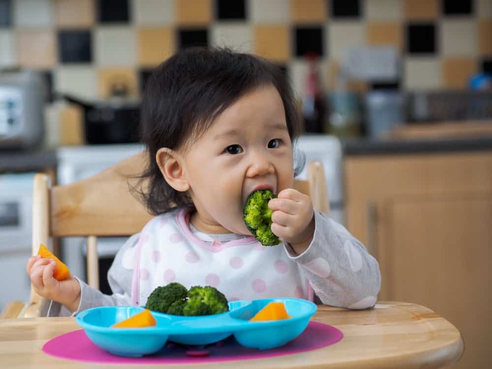 Baby eating food from a bowl with a placemat