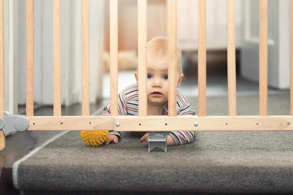 baby playing behind baby gate