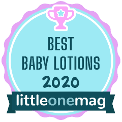 A badge with a turquoise circle and a light purple background, featuring a pink trophy icon at the top and the text "Best Baby Lotions 2020" in the center. At the bottom, a dark teal ribbon banner reads "littleonemag," highlighting premier organic baby lotion for impeccable baby skincare products from Puracy.