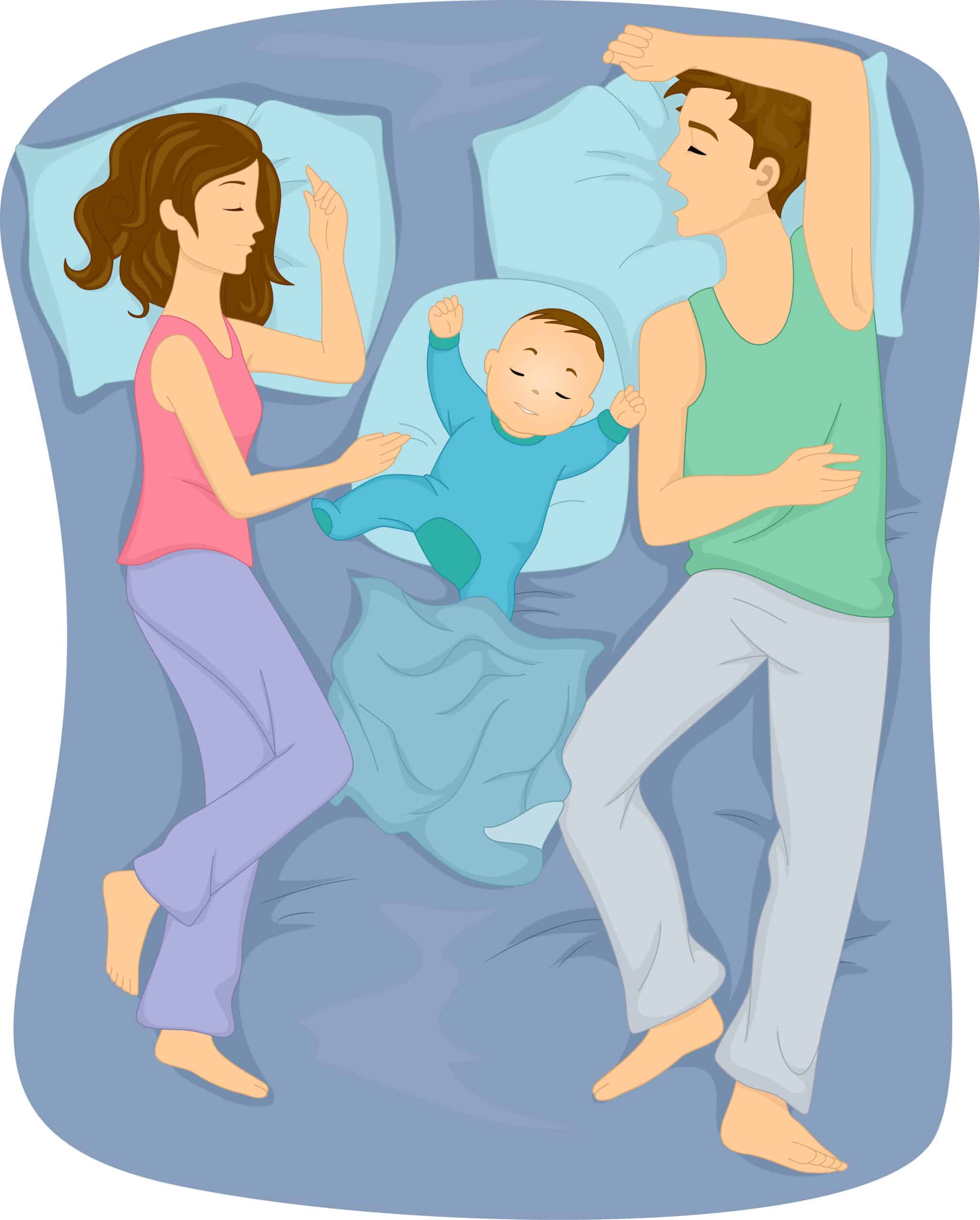 parents and baby in bed